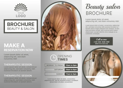 Template de brochura de salão de beleza elegante com design de penteado para uso promocional