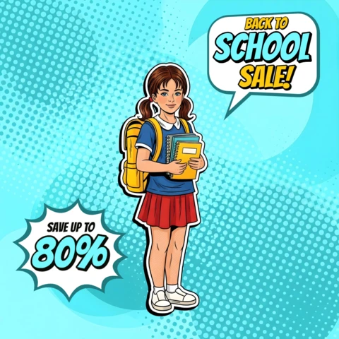 コミックの新学期セール 学生とバックパック&文房具のハーフトーン背景デザインテンプレート プロモーションフライヤー用