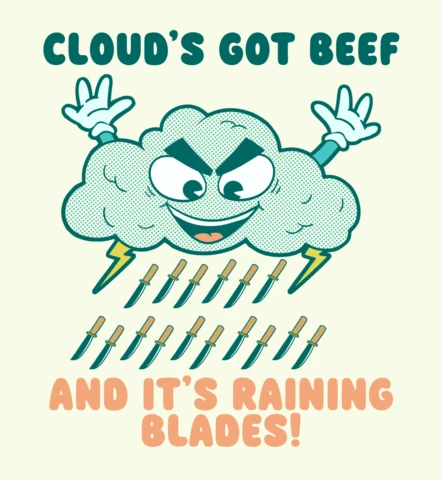 クラウドの激しい雷雨イラスト、刃が降るTシャツデザインテンプレート