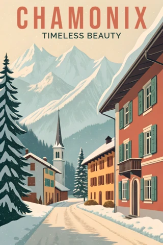 Chamonix Vintage Design Template for Travel Posters Featuring Snowy Mountains and Charming Architecture