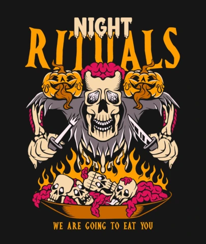 Nocne rytuały horroru grafika z czaszkami, płomieniami i nieumarłym przesłaniem szablon t-shirtu