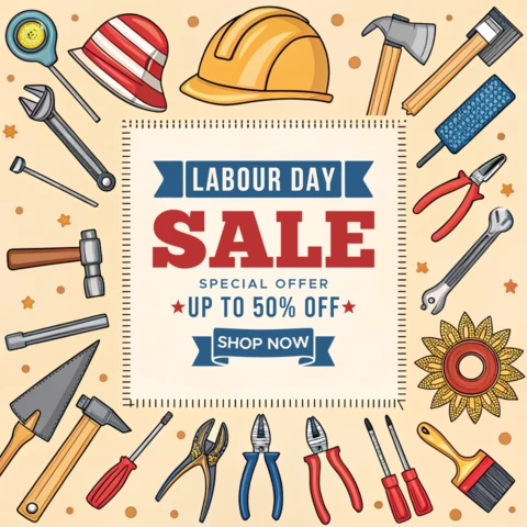 Modèle de design pour les soldes de la fête du travail : thème festif sur les outils et l'équipement