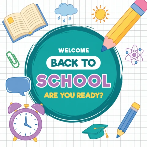 Bienvenue de retour à l'école design éducatif coloré avec des crayons et une horloge