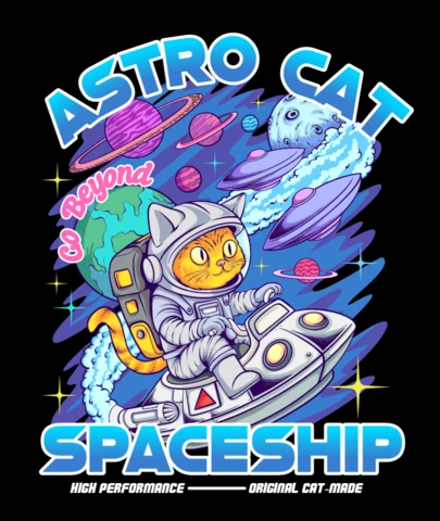 Astro Cat in Space Cartoon Astronaut Cat Riding Spaceship T-Shirt Design Template