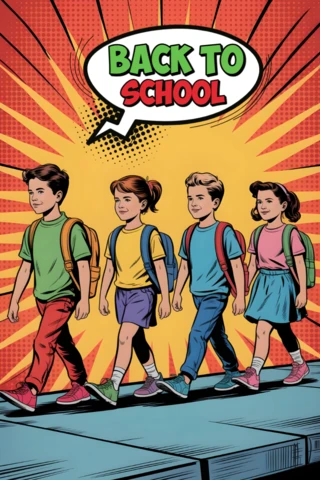 Grupo de estudantes voltando às aulas caminhando com mochilas e fundo de pôster com explosão de quadrinhos.