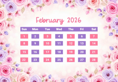 February 2026 Calendar Blush Bloom Glow Theme with Pastel Florals and Seasonal Elegance