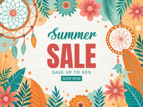 Modello di vendita estiva Boho: design floreale vibrante per promozioni accattivanti