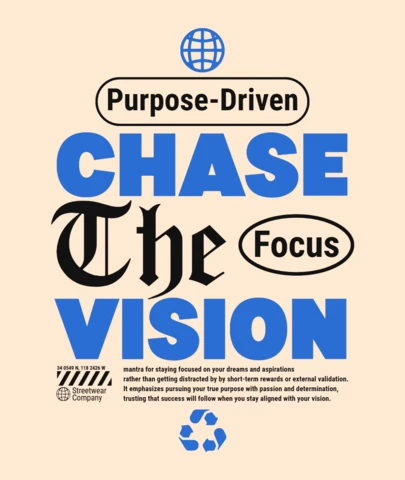 Design del template per t-shirt con tipografia del mantra visione orientata allo scopo, simbolismo di concentrazione e passione.