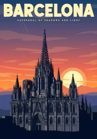Gothic Cathedral At Sunset with Shadows & Light Barcelona Travel Posters Design Template