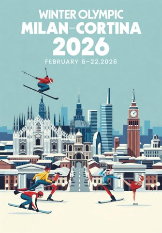 Постер зимних Олимпийских игр Милан-Кортіна 2026: лыжи, сноуборд, катание на коньках и прыжки с трамплина на фоне городской панорамы Милан-Кортіна.