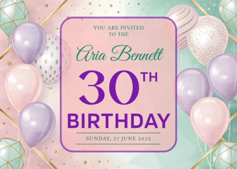Elegant Balloon Design Template for 30th Birthday Invitations