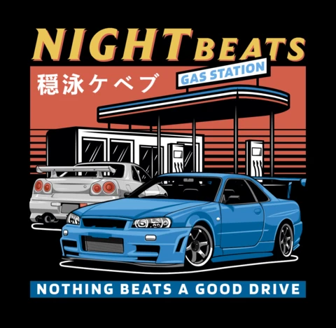 Night Beats Gas Station Manga Car T-shirt Design Template