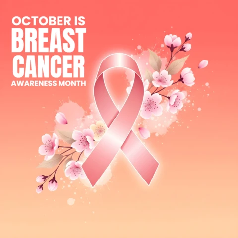 Bannière de design pour le mois d'octobre de sensibilisation au cancer du sein avec un ruban rose, des fleurs de cerisier et un dégradé corail.