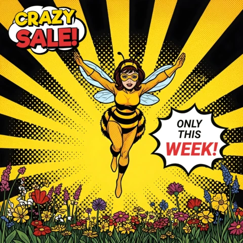 Femme abeille volante super héroïne style bande dessinée design de modèle de vente folle éclat pour flyers promotionnels noir et jaune