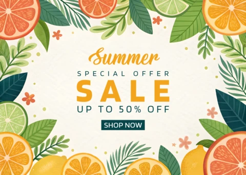 Summer Sale Promotional Template Design with Tropical Fruits and Floral Elements