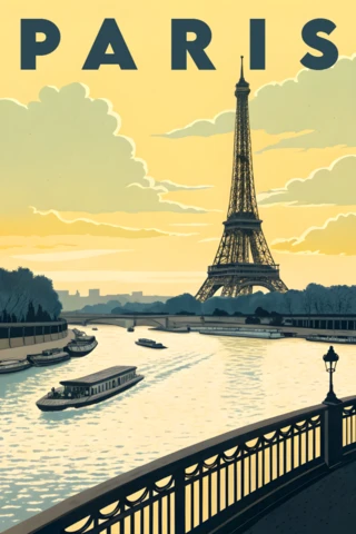 Paris Retro Flat Poster Design Featuring Eiffel Tower and Seine River
