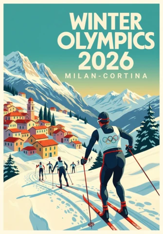 Постер зимних олимпийских игр 2026 года: лыжники-кроссмены, альпийская деревня и снежные вершины игр в Милан-Кортине.