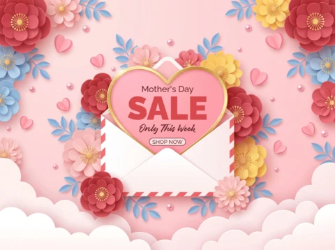Cartel de venta del Día de la Madre — sobre con corazón y decoraciones florales para el evento de descuentos semanales