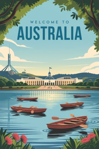 Plantilla de diseño de cartel de viaje vintage de Australia con un río escénico y barcos.