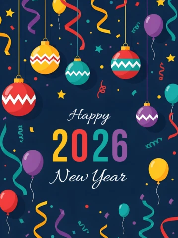 Festive New Year Celebration Design Template with Colorful Ornaments and Balloons for Party Invitations