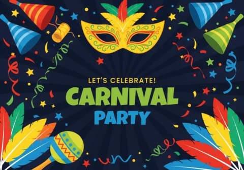 Brazilian Carnival Poster Decorative Mask with Feathers and Party Elements On Blue Background