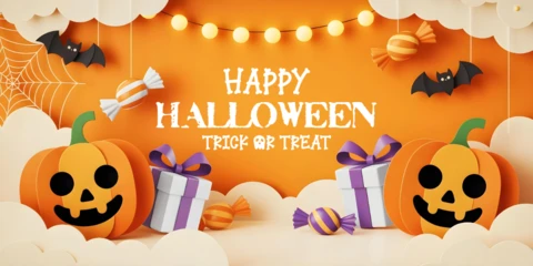 Happy Halloween Festive Pumpkins, Hanging Lights & Wrapped Surprises YouTube Cover Design Template