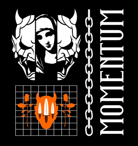 Plantilla de diseño gráfico Momentum para ropa que presenta una audaz cadena y un retrato artístico.