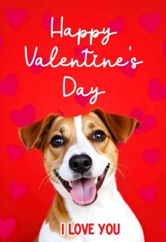 Linda plantilla de tarjeta de San Valentín para perro con corazones y mensaje cariñoso