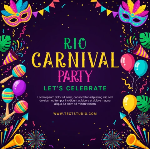 Rio Carnival Party Poster Dark Purple Background with Colorful Masks, Balloons, Maracas, Fireworks, Confetti & Party Hats