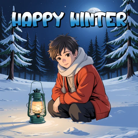 Modelo de design de lanterna de inverno para cartões de saudação com estilo anime