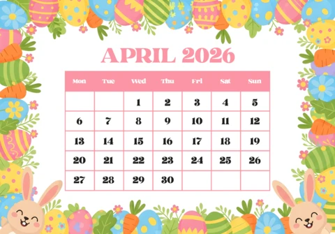 Pastel Border with Rabbits, Eggs, Carrots, Flowers, and Cheerful Decorative Artwork April 2026 Calendar Poster