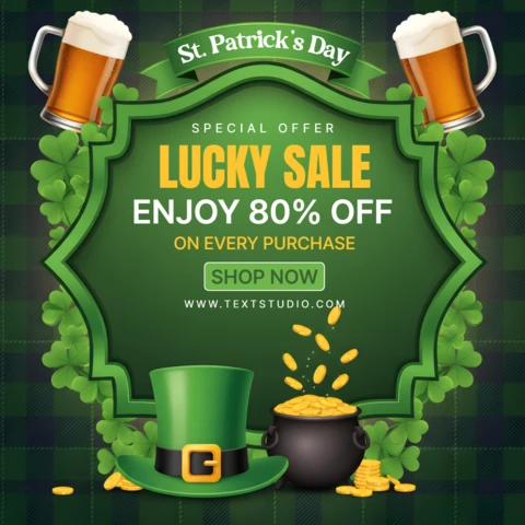 Special St. Patrick’s Day Sale Poster Design Template with Shamrocks, Pot of Gold, and Promotional Banner