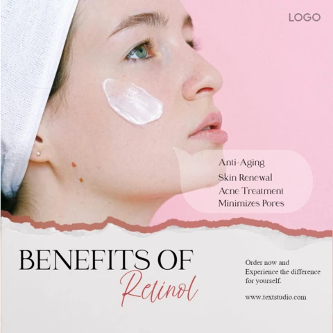 Diseño de publicación de Instagram de cuidado de la piel con retinol minimalista en rosa y blanco