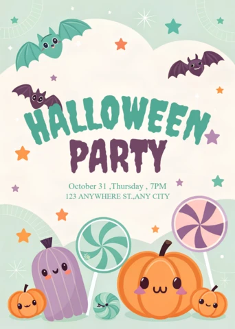 Convite de festa de Halloween caprichoso com design de abóboras e morcegos fofos