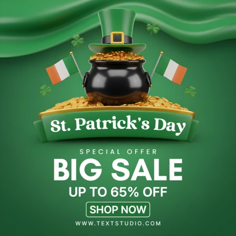 Festive St. Patrick’s Day Sale Banner Design Template with Shamrocks, Gold Coins, and Promotional Typography