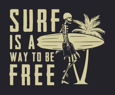 Squelette portant un modèle de conception de t-shirt vintage de planche de surf