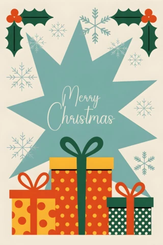 Biglietto d'auguri di Natale con esplosione turchese, scritta "Buon Natale", foglie di agrifoglio, fiocchi di neve e regali incartati.