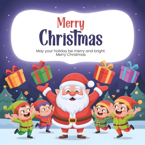 Magischer Weihnachtsmann umgeben von Elfen und Geschenken in einer schneebedeckten Nachtszene Plakatdesign-Vorlage