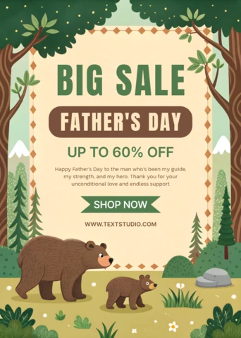 Whimsical Father's Day Sale Template Design with Bears in a Forest Setting