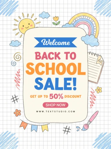 Back to School Sale Poster Design with Colorful Hand Drawn Doodles On a Grid Paper Background for Education Promotion