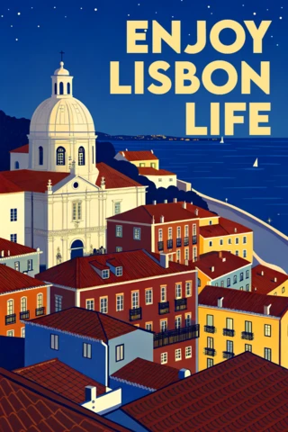 Retro Flat Lisbon Cityscape Design for Travel Posters and Merch Template