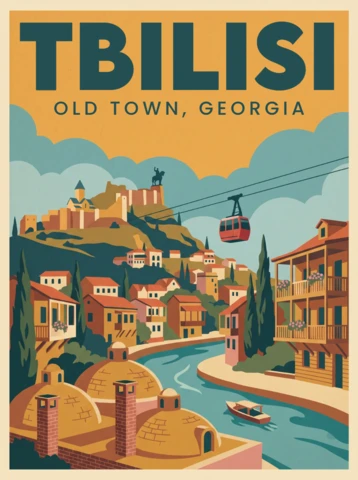 Tbilisi Retro Vintage Travel Poster Old Town Georgia Scenic Hillside Red Roofs River Cable Car Sulfur Baths Wall Art Print