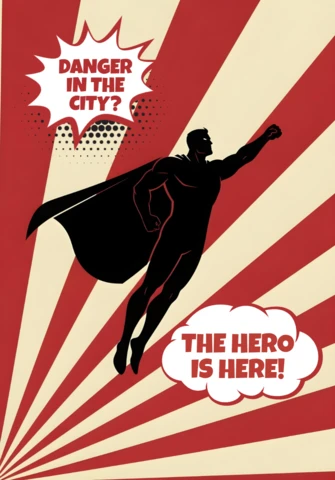 Affiche de design de modèle de silhouette de héros de style bande dessinée volant avec un fond de rayures rouges et beiges