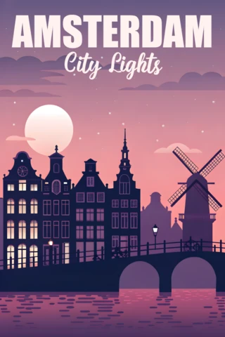 Amsterdam By Night Design for Retro Flat Travel Merch Template