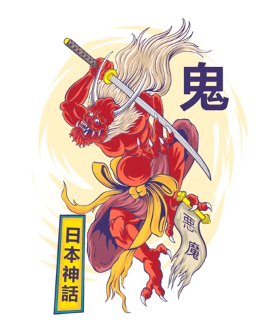 Oni Blade Red Demon Warrior with Sword in Japanese Mythology Style T-Shirt Design Template
