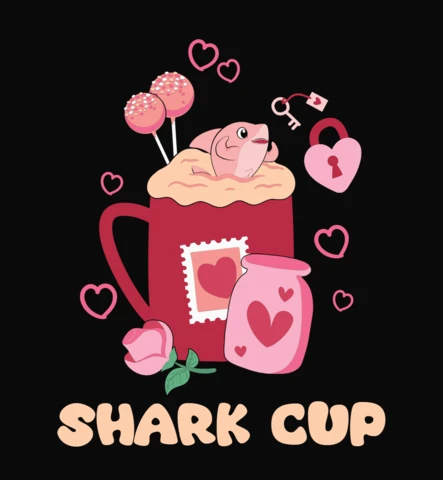 Plantilla de camiseta de San Valentín con un simpático tiburón y café