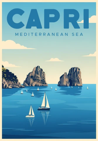 Pôster de viagem vintage do mar Mediterrâneo de Capri, modelo de design