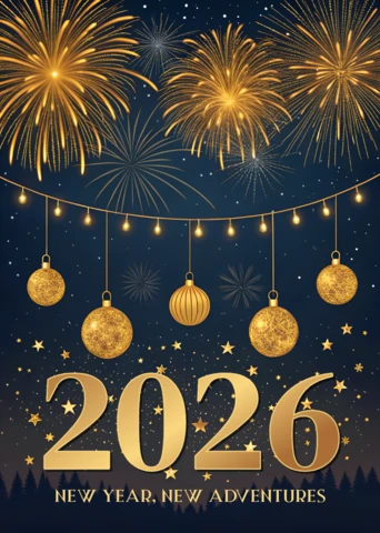 New Year Celebration Design Template with Fireworks and Ornaments for Greeting Cards