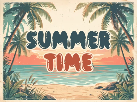 Vintage Summer Beach Greeting Card with Tropical Palm Trees and Ocean Sunset View