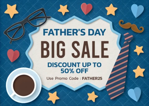 Father's Day Sale Template with Tie and Coffee Cup Design
